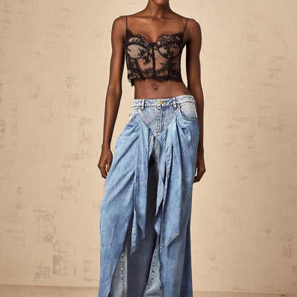 Raffaela Blue Denim Jeans Wide Leg Belt Loops Draped Detailing Panel Detailing Front Fly Button Fastening 100 Percent Cotton