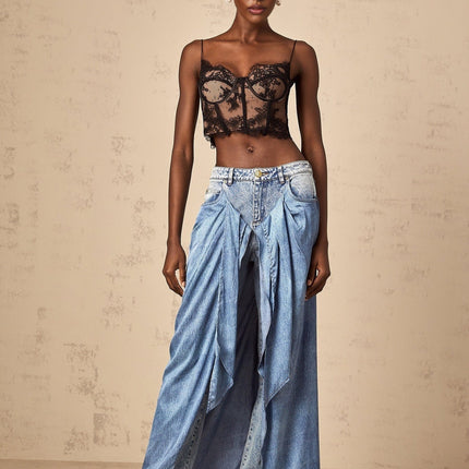 Raffaela Blue Denim Jeans Wide Leg Draped Panel Detailing