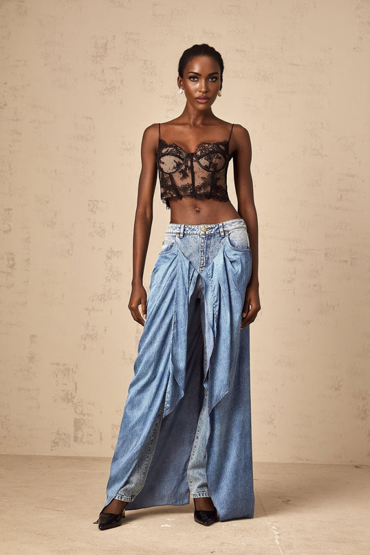 Raffaela Blue Denim Jeans Wide Leg Draped Panel Detailing