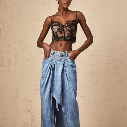 Raffaela Blue Denim Wide Leg Jeans with Layered Panel and Draped Design