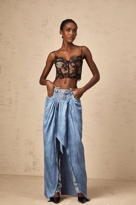 Raffaela Blue Denim Wide Leg Jeans with Layered Panel and Draped Design