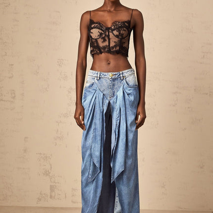 Raffaela Blue Denim Wide Leg Jeans with Layered Panel and Draped Detailing