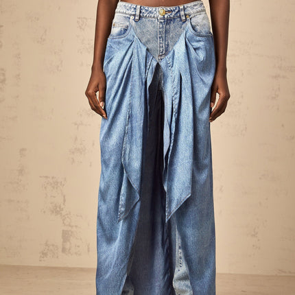 Raffaela Blue Draped Panel Wide Leg Denim Jeans