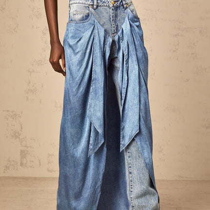 Raffaela Blue Draped Panel Wide Leg Denim Jeans 100% Cotton