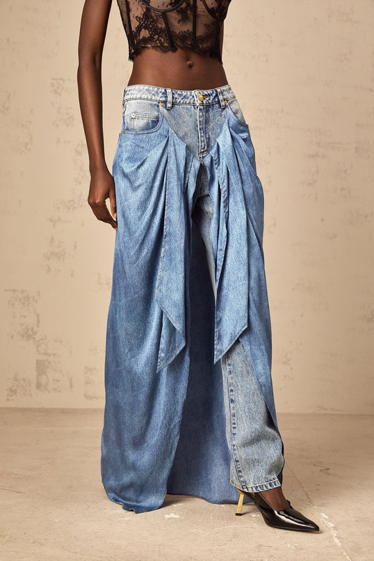 Raffaela Blue Draped Panel Wide Leg Denim Jeans 100% Cotton