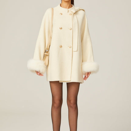 Raffaela White Faux Fur Bowknot Double-breasted Coat