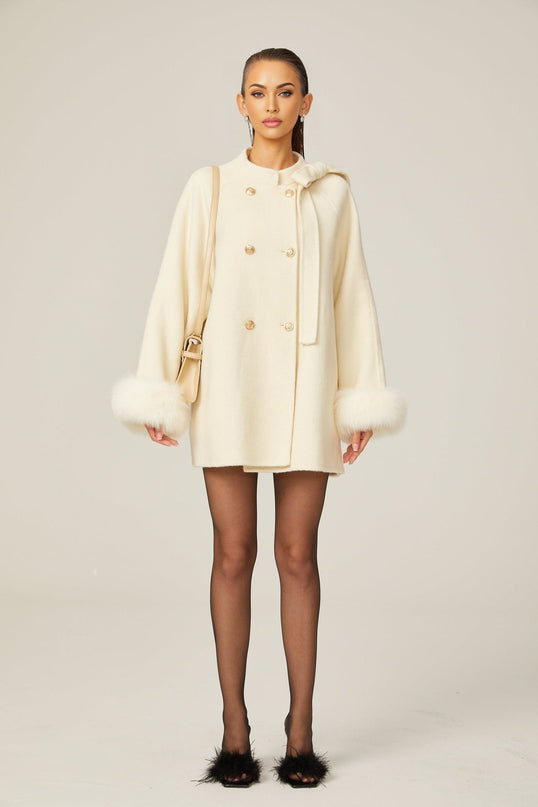 Raffaela White Faux Fur Bowknot Double-breasted Coat