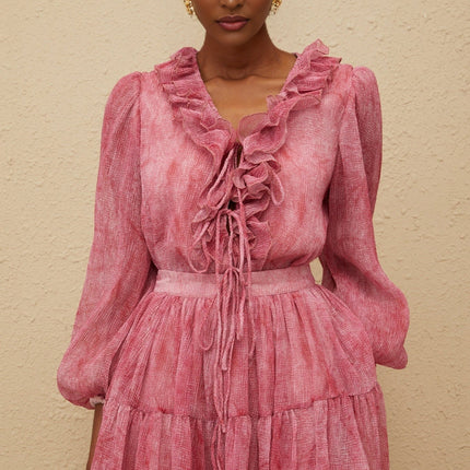 Raffaela Pink Blouse Skirt Set in Fuchsia Terylene Fiber Puff Sleeves Tiered Design
