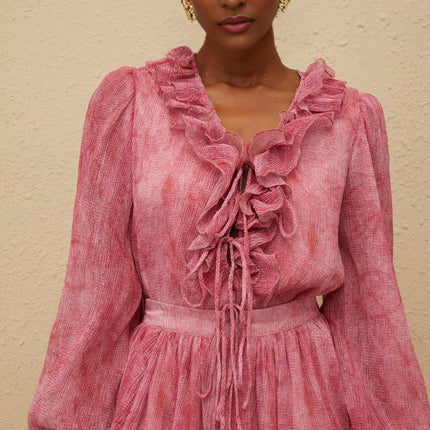 Raffaela Pink Blouse Skirt Set Terylene Fiber Tiered Design Puff Sleeves Grace Modernity Luxury