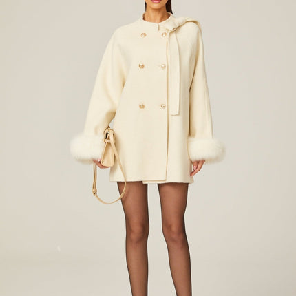 Raffaela White Faux Fur Bowknot Double-breasted Coat