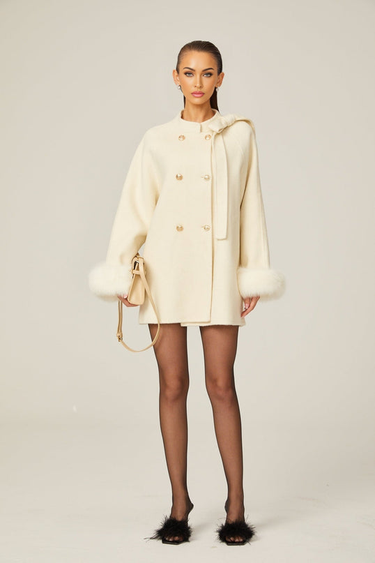 Raffaela White Faux Fur Bowknot Double-breasted Coat