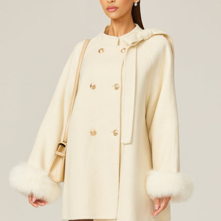 Raffaela White Faux Fur Bowknot Double-breasted Coat