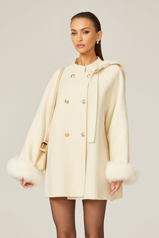 Raffaela White Faux Fur Bowknot Double-breasted Coat