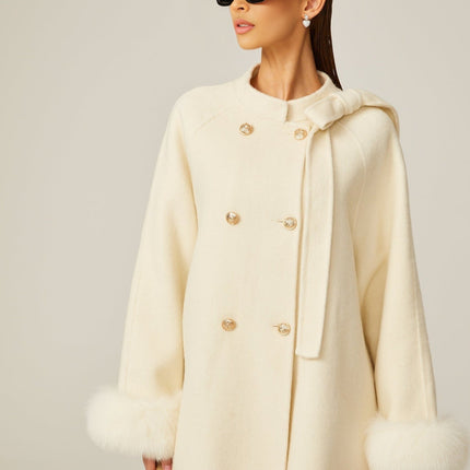 Raffaela White Faux Fur Bowknot Double-breasted Coat