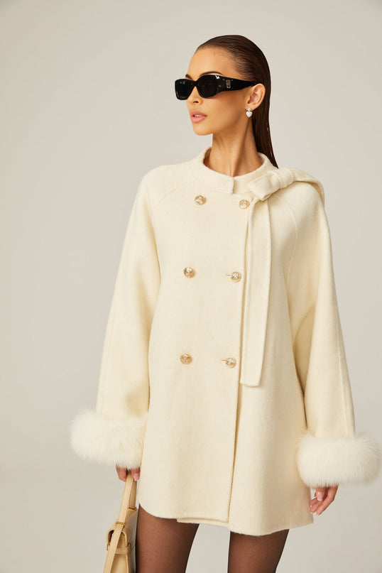 Raffaela White Faux Fur Bowknot Double-breasted Coat