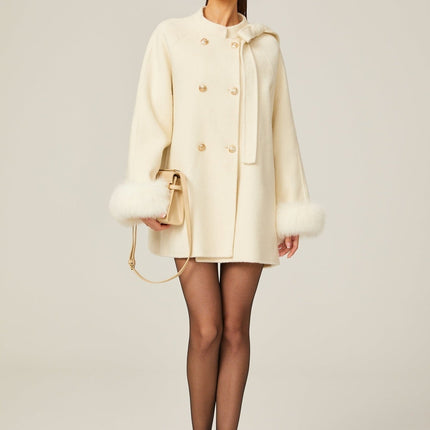 Raffaela White Faux Fur Bowknot Double-breasted Coat