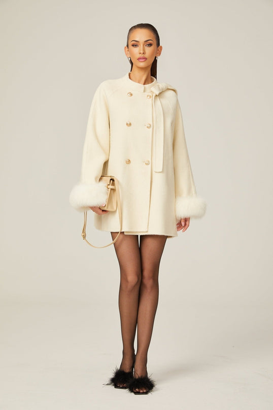 Raffaela White Faux Fur Bowknot Double-breasted Coat