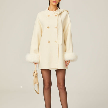 Raffaela White Faux Fur Bowknot Double-Breasted Coat