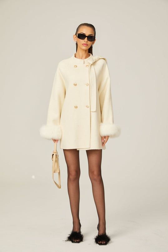 Raffaela White Faux Fur Bowknot Double-Breasted Coat