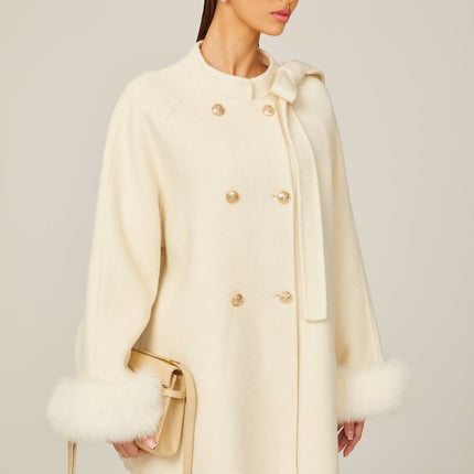Raffaela White Faux Fur Bowknot Double-Breasted Coat