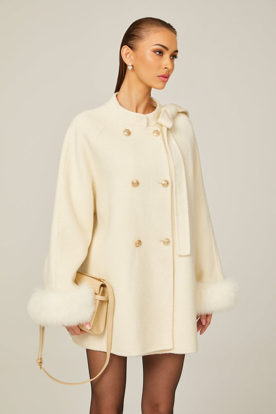 Raffaela White Faux Fur Bowknot Double-Breasted Coat