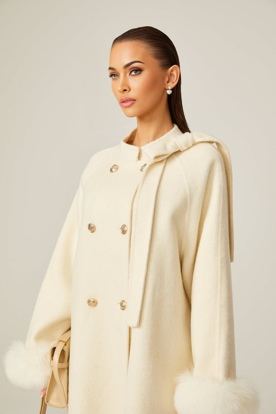 Raffaela White Faux Fur Bowknot Double-breasted Coat