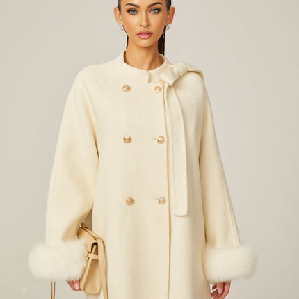 Raffaela White Faux Fur Bowknot Double-Breasted Coat