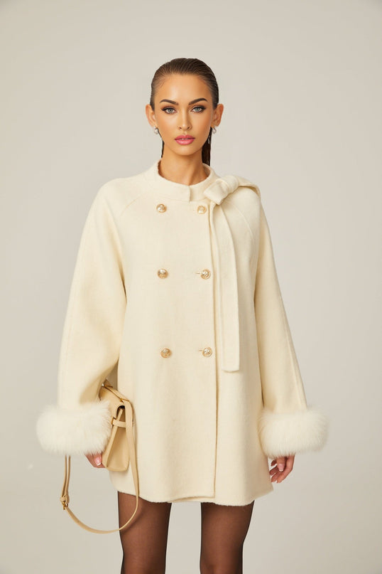 Raffaela White Faux Fur Bowknot Double-Breasted Coat
