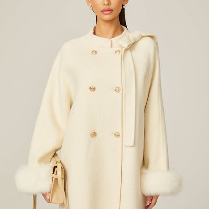 Raffaela White Faux Fur Bowknot Double-breasted Coat