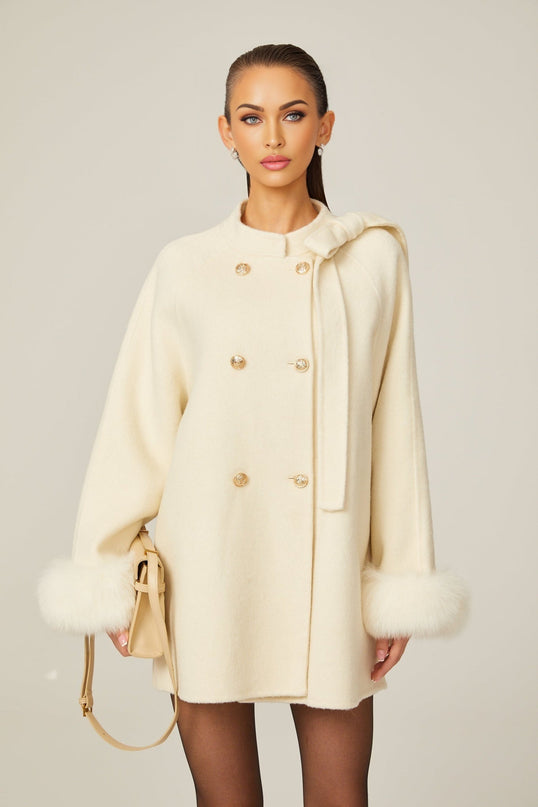 Raffaela White Faux Fur Bowknot Double-breasted Coat