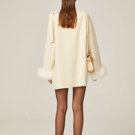 Raffaela White Faux Fur Bowknot Double-breasted Coat