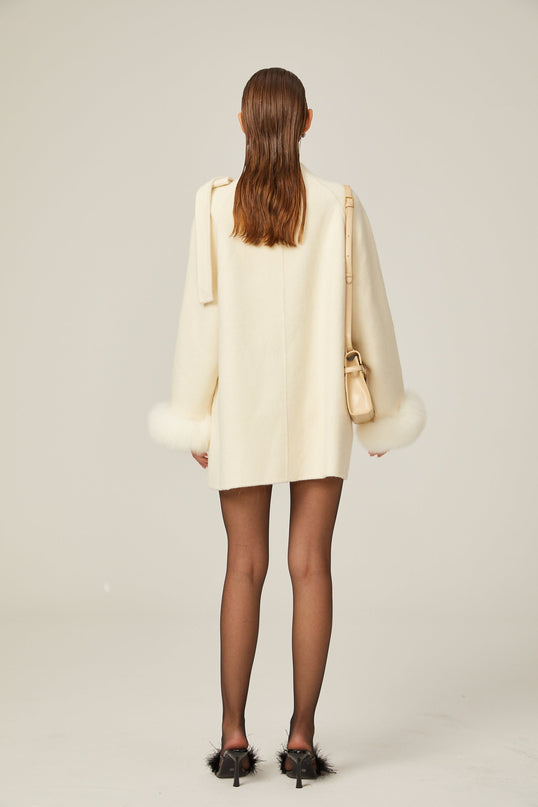 Raffaela White Faux Fur Bowknot Double-breasted Coat