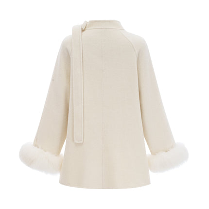 Raffaela White Faux Fur Bowknot Double Breasted Coat