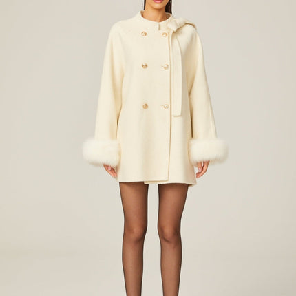 Raffaela White Faux Fur Bowknot Double-breasted Coat