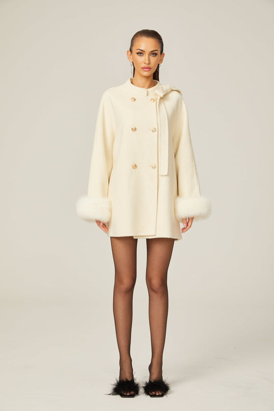 Raffaela White Faux Fur Bowknot Double-breasted Coat