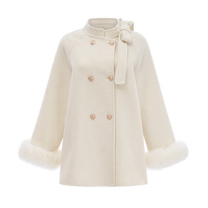 Raffaela White Faux Fur Bowknot Double-Breasted Coat