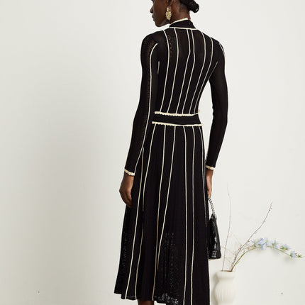 Raffaelina Black and White Striped Maxi Dress with Ruffled Detailing