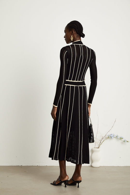 Raffaelina Black and White Striped Maxi Dress with Ruffled Detailing