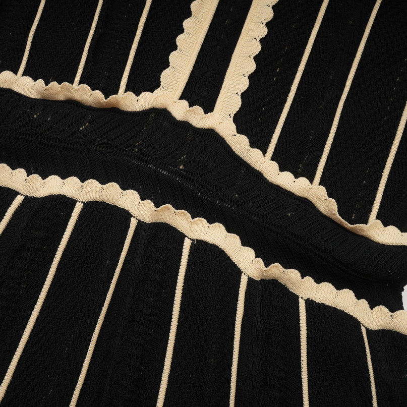 Raffaelina Black and White Striped Maxi Dress with Ruffled Detailing