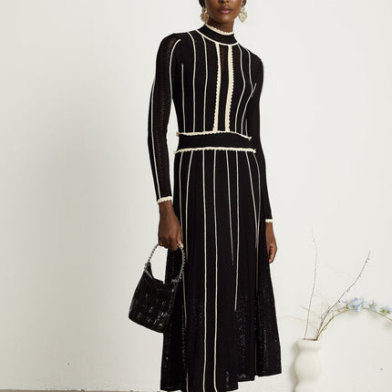 Raffaelina Black and White Striped Maxi Dress with Ruffled Detailing
