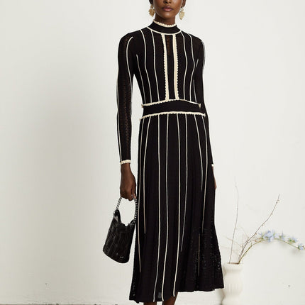 Raffaelina Black Maxi Dress with Vertical Stripes and Ruffled Detailing