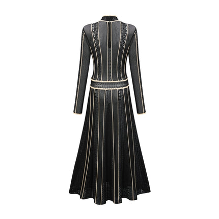 Raffaelina Black and White Maxi Dress with Vertical Stripes and Ruffled Detailing