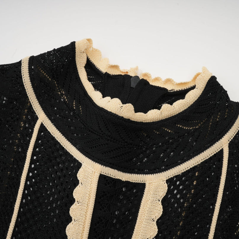 Raffaelina Black and White Maxi Dress with Vertical Stripes and Ruffled Detailing