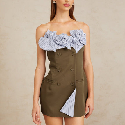 Raffaelina Brown and Blue Mini Dress with 3D-Petal Detailing and Striped Pattern