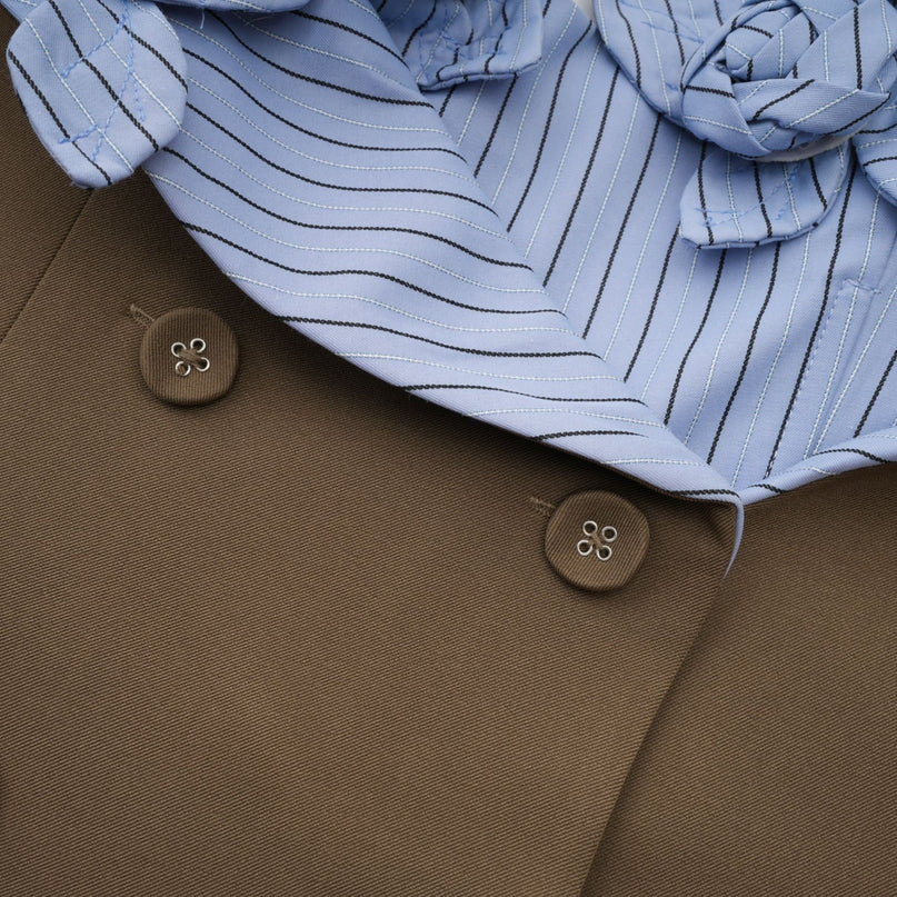 Raffaelina Brown Blue Mini Dress Spaghetti Straps Cinched Waist Faux Pocket 3D Petal Striped Pattern Double Breasted Zip Fastening Luxury Style