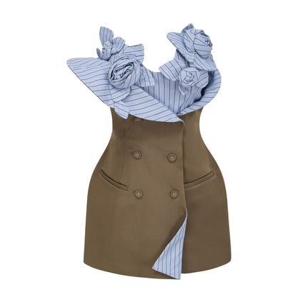 Raffaelina Brown Blue Mini Dress Spaghetti Straps Cinched Waist Faux Pocket Detailing 3D Petal Striped Pattern Double Breasted Fastening Rear Zip Fastening Terylene Fiber Spandex Luxury Style