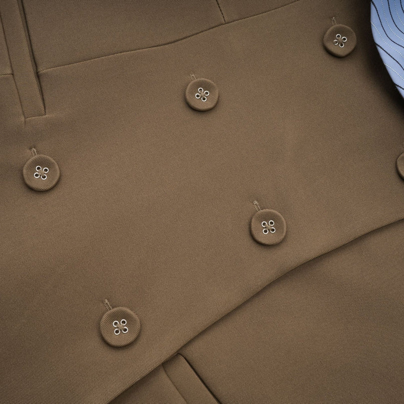 Raffaelina Brown Blue Mini Dress Scoop Neck Spaghetti Straps Panelled Design Faux Pocket Detailing 3D-Petal Striped Pattern Double Breasted Fastening Rear Zip Fastening Luxury Style