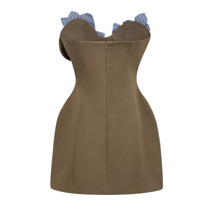 Raffaelina Brown Blue Mini Dress Spaghetti Straps Panelled Design Faux Pocket 3D-Petal Detailing Striped Pattern Double Breasted Fastening Rear Zip Fastening Terylene Spandex Luxury Style
