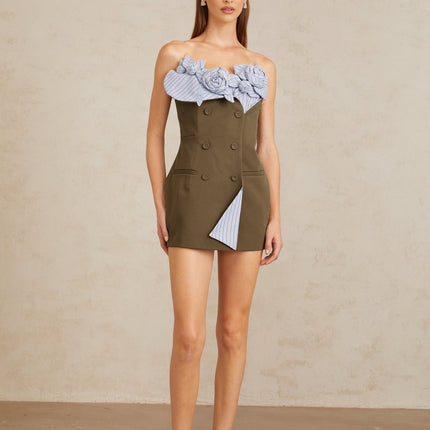 Raffaelina Brown Blue Mini Dress Spaghetti Straps Faux Pocket Detailing 3D Petal Striped Pattern Double Breasted Fastening Zip Fastening Terylene Fiber Spandex Luxury Style