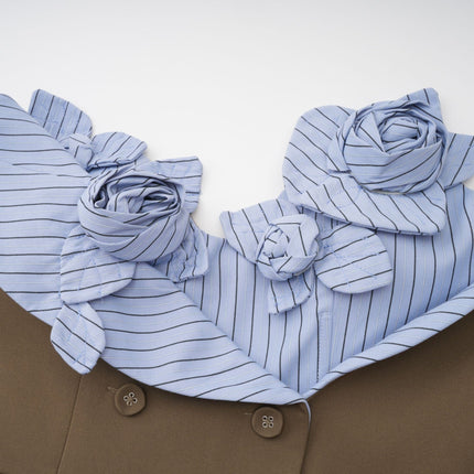 Raffaelina Brown Blue Mini Dress Spaghetti Straps Faux Pocket 3D Petal Striped Pattern Double Breasted Zip Fastening Terylene Spandex Luxury Style
